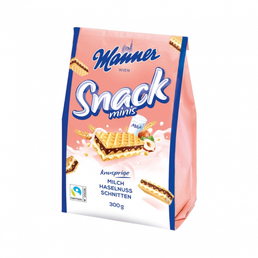 Вафлі snack Minis з молочно-горіховим кремом 300г TM Manner