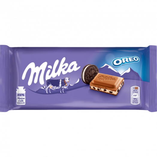 Шоколад молочний Milka Oreo із молочною начинкою зі смаком ванілі та шматочками печива 100г