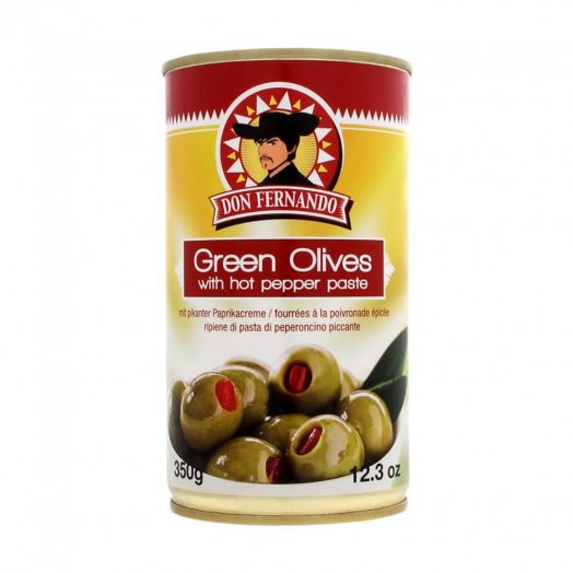 Оливки зелені фаршировані гострою перцевою пастою 350г ж/б TM Don Fernando